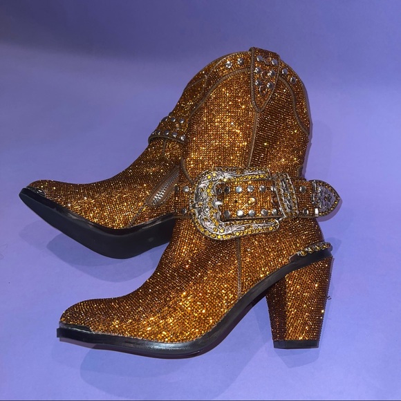 Dark orange/light brown rhinestone cowboy boots. - Picture 4 of 8